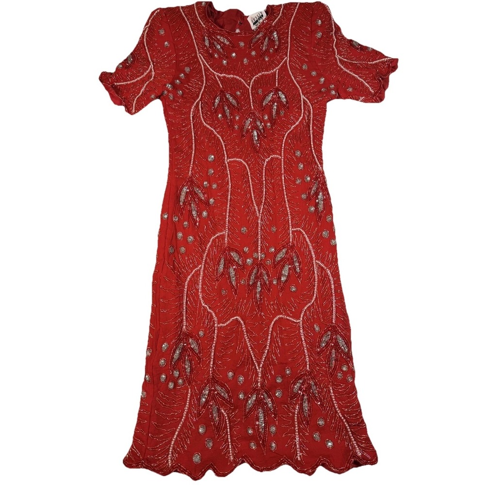 Vintage Leslie Fay Dress Womens 16 Red Beaded Silk Midi Cocktail Party Formal